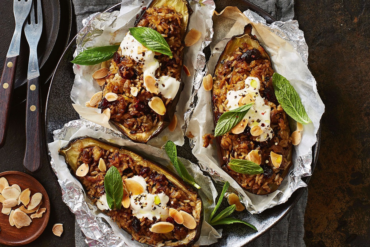 Stuffed Eggplant with Couscous & Almonds