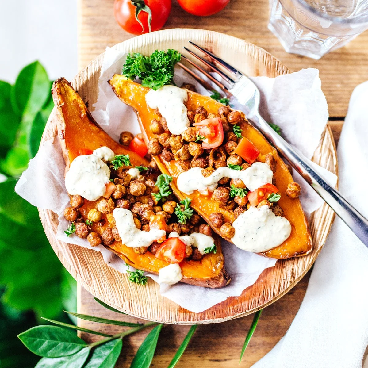 Stuffed Sweet Potato with Hummus Dressing