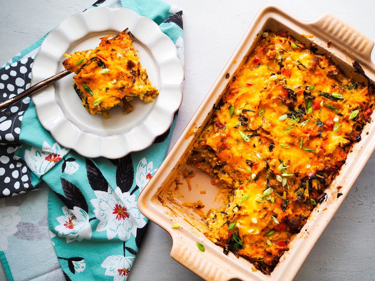 Breakfast Cornbread Casserole with Ham and Kale