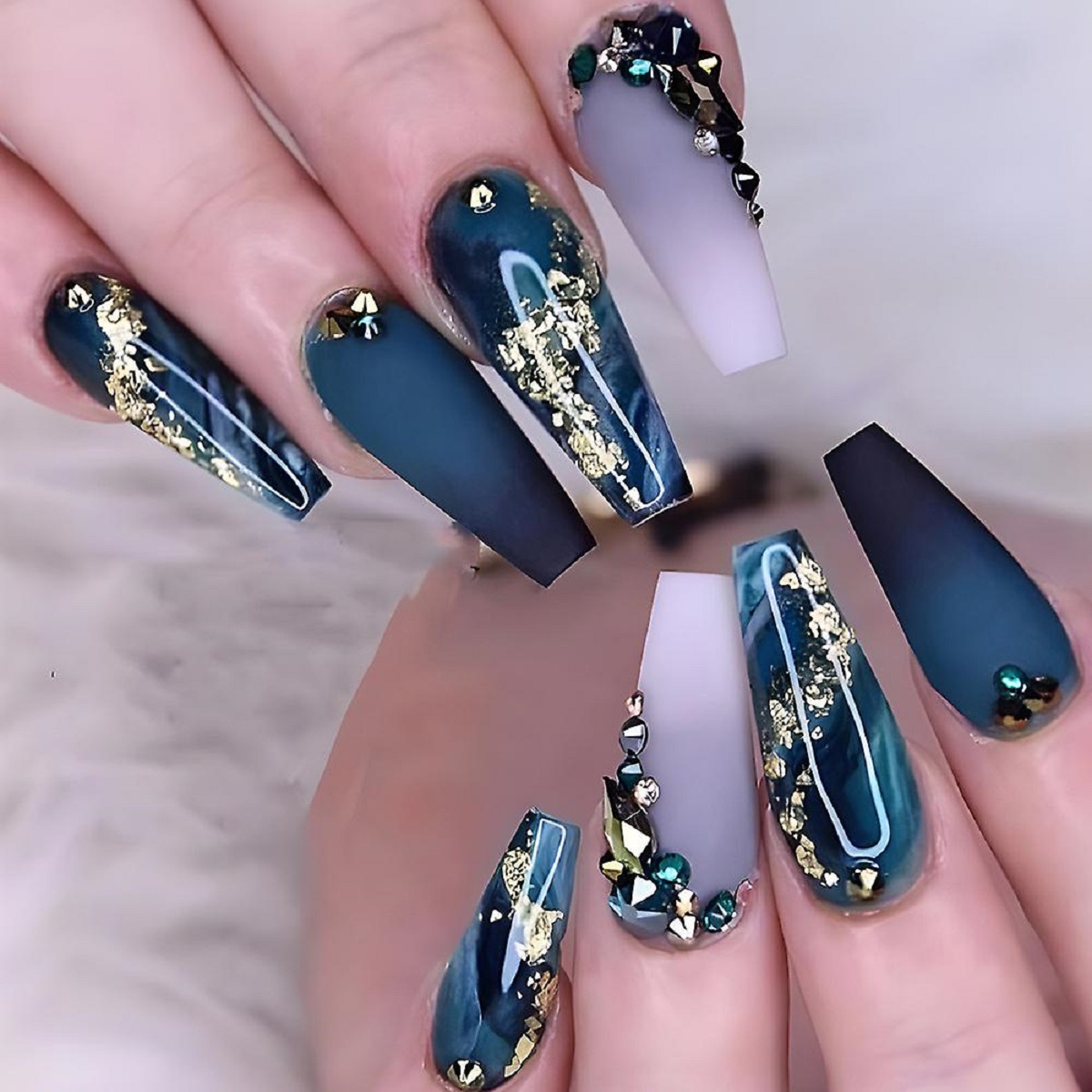 Dark Blue Jewel-Studded 3D Nails