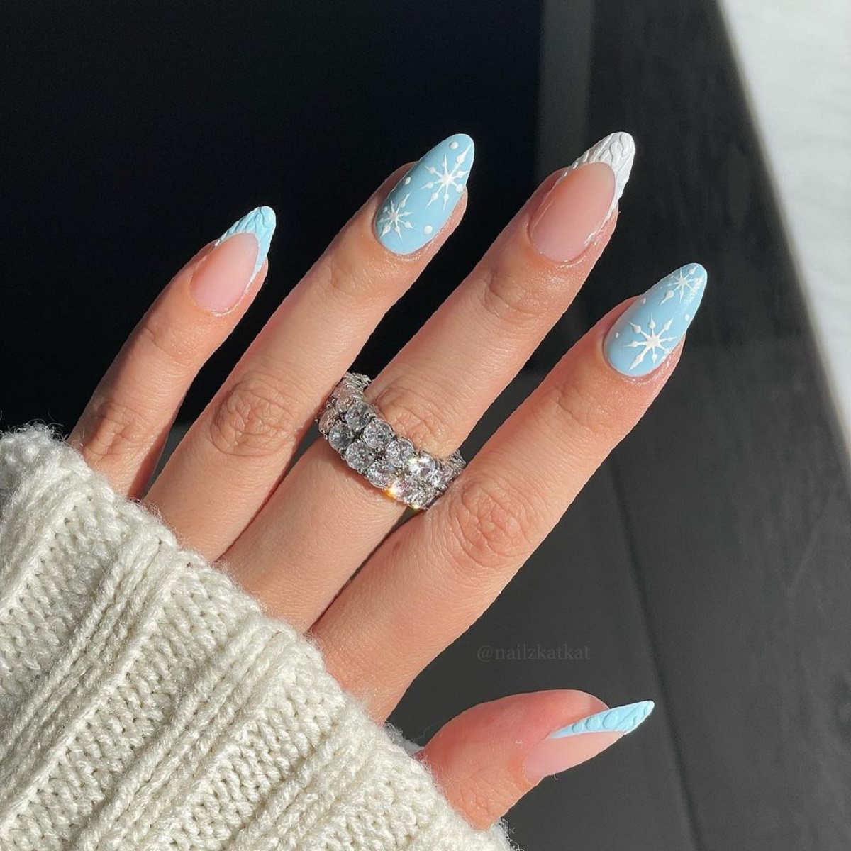 Snowy Blue Manicure With Sweater Inspired French Tips